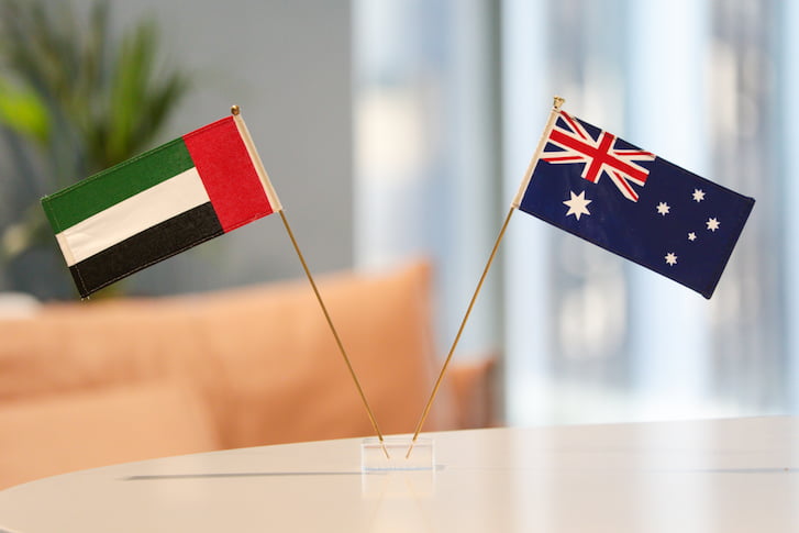 United Arab Emirates and Australian flags together as a symbol of trade and collaboration.